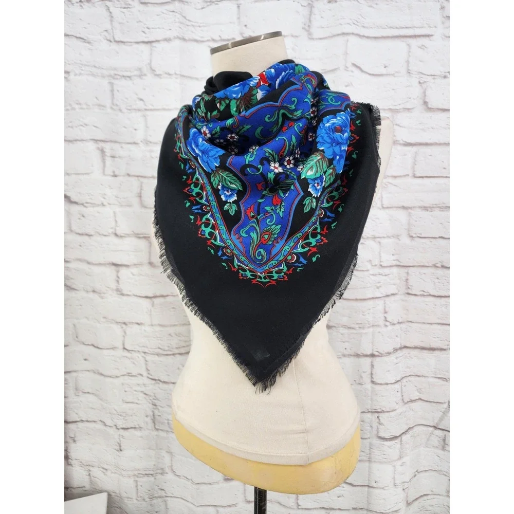 Vintage Blue Floral Scarf Fringe Made Italy Fringe Garden Retro Chic Romantic